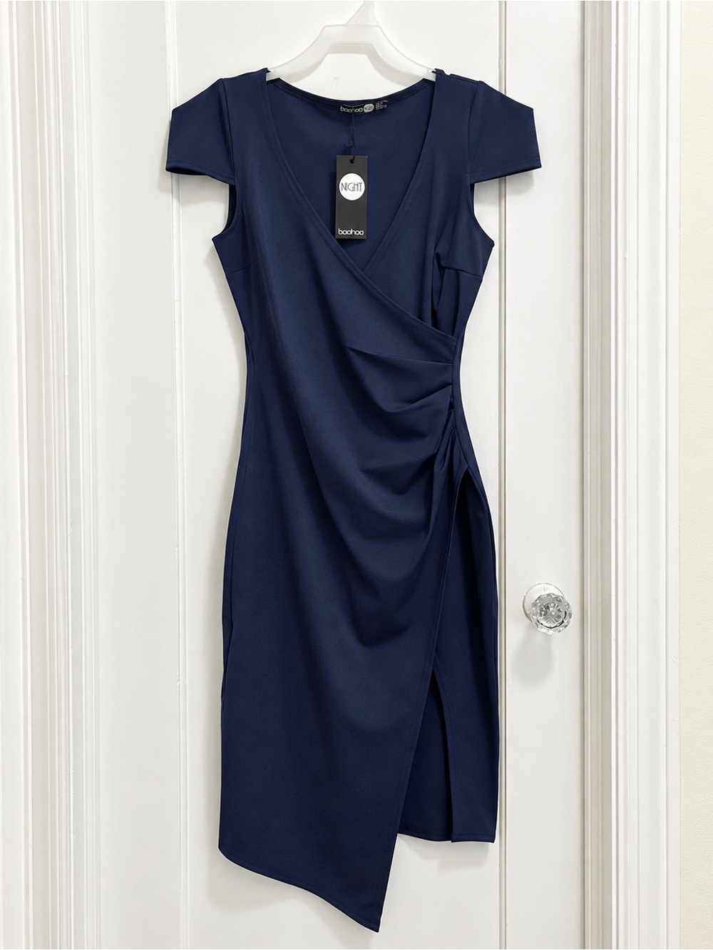 Boohoo Night Navy Ruched Wrap Midi Dress Size 6 NWT